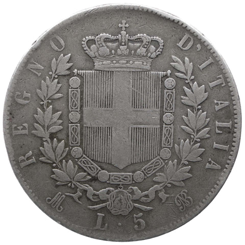1873 M 5 Lira Italy Victor Emmanuel II Silver Coin Milano Mint