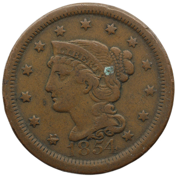 1854 One Cent United States Coin Braided Hair