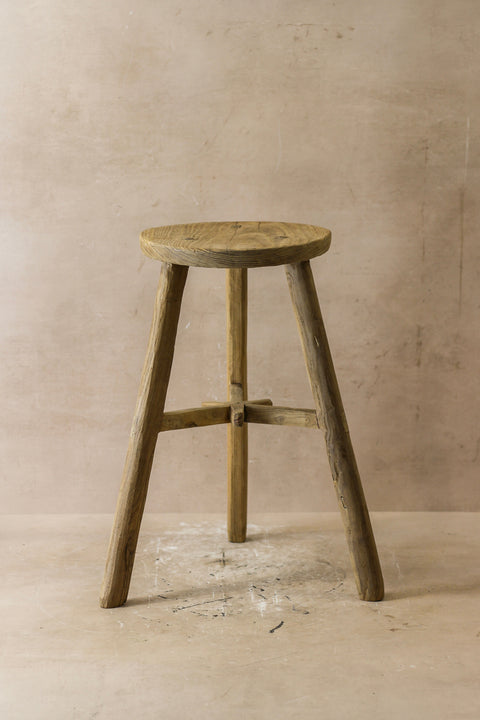 Vintage Rustic Elm Wood Stool - Round - No 41