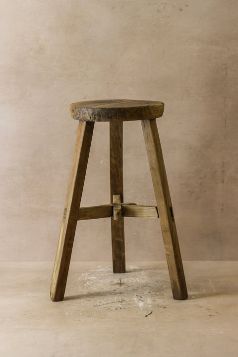 Vintage Rustic Elm Wood Stool - Round - No 42