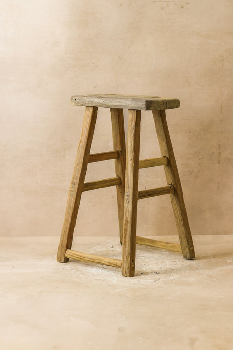 Vintage Rustic Elm Wood Stool - Medium - No 58