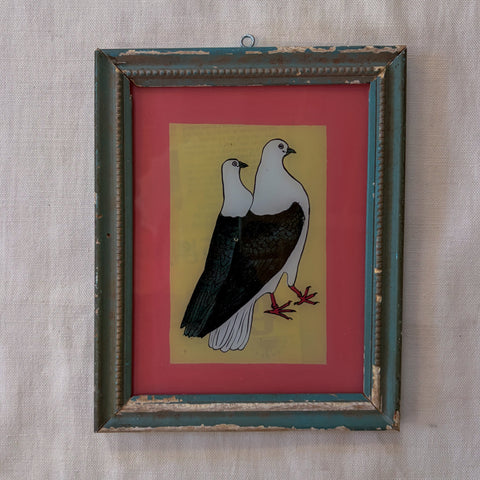 PAIR OF PIGEONS  BLUE FRAME Indian glass painting
