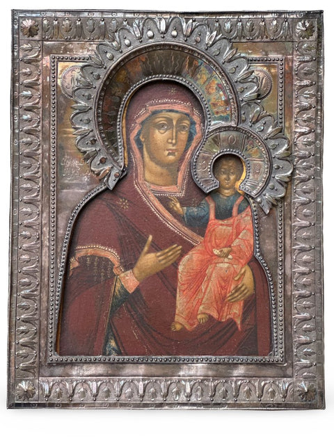 Icon - Mother of God of Smolensk, with silver inlay from the 18th century - .875 (84 Zolotniki) silver