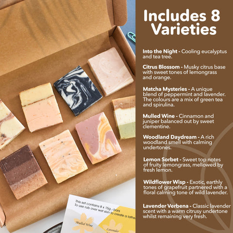 Soap Sampler Gift Set | 8 x 25g Mini Travel Soaps | Natural Handcrafted Letterbox Gift | Vegan, Plastic-Free Skincare