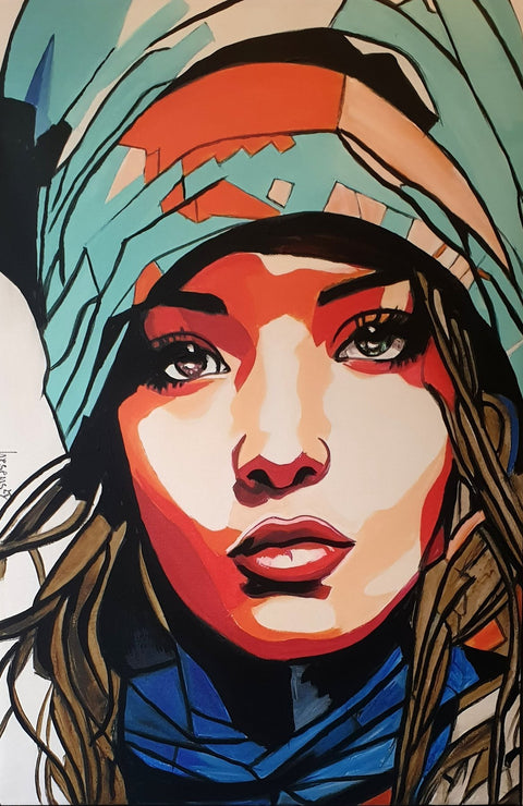 Artistic portrait of a person wearing a colorful headscarf with bold lines and vibrant colors.