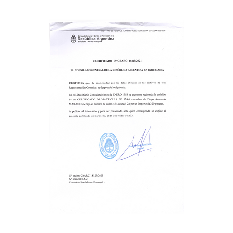 Diego Maradona Signed Barcelona Certificate Of Registration (JSA)