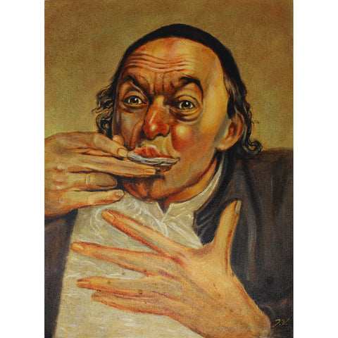 Monk Eating Oyster Oil Painting Vintage Painted on Canvas