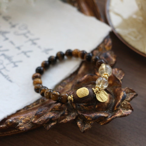 Bracelet Jekira en œil de tigre, citrine, bois et chaîne plaquée or, 16 cm