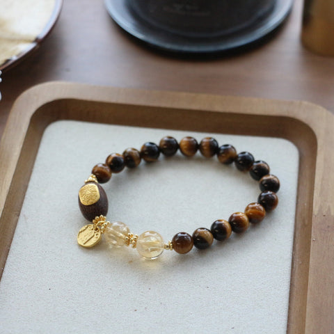 Bracelet Jekira en œil de tigre, citrine, bois et chaîne plaquée or, 16 cm
