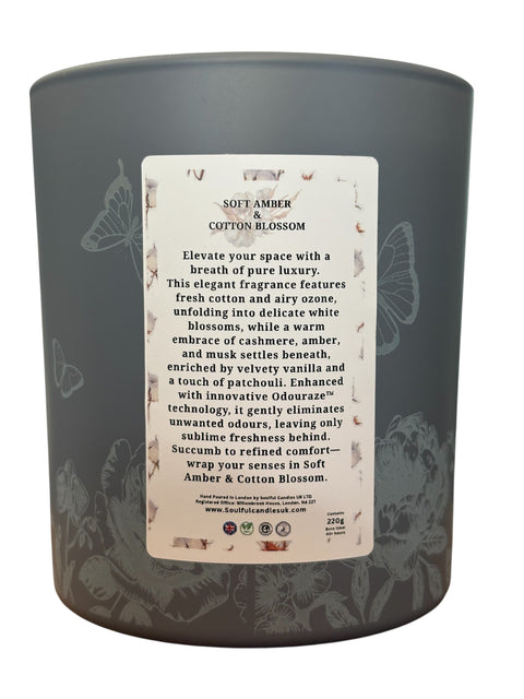Soft Amber & Cotton Blossom – Odour Neutralising Soy Candle (30cl)