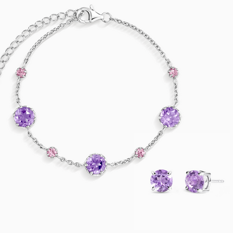Schmuckset aus Sterlingsilber mit rosa Saphir und Amethyst
