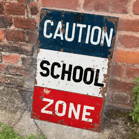 Vintage Style Caution School Zone Metal Sign
