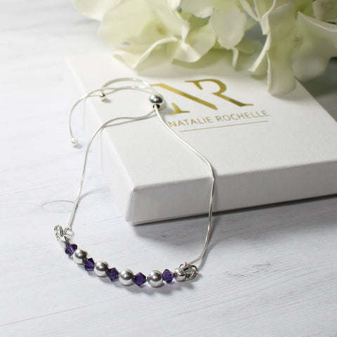 Sterling Silver Purple Crystal Ball Sliding Adjustable Bracelet