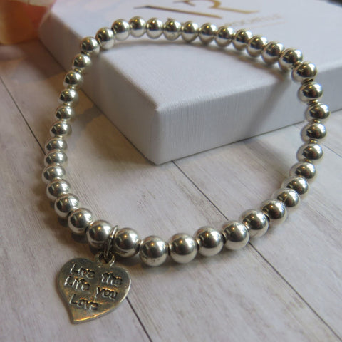 ‘Live the Life you Love’ engraved heart charm Stacking bracelet