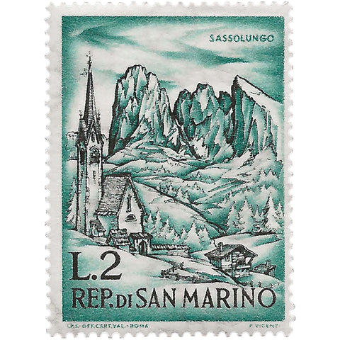 San Marino Stamp 1962 2 Sammarinese Lira Langkofel, St. Jacob Church near St. Ulrich