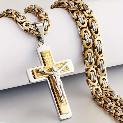 Stainless Steel Triple Cross Pendant Necklace with U-Shaped Flat Link Chain
