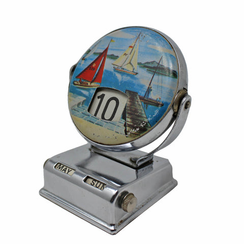 Vintage Calendar Perpetual Tinplate and Chrome Yacht Boats Design Marine Rotating Head
