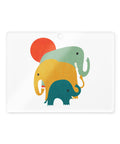 Colourful Elephant Trio rectangular acrylic ornament, green yellow and teal elephants beneath a red sun, red hanging ribbon – view 1