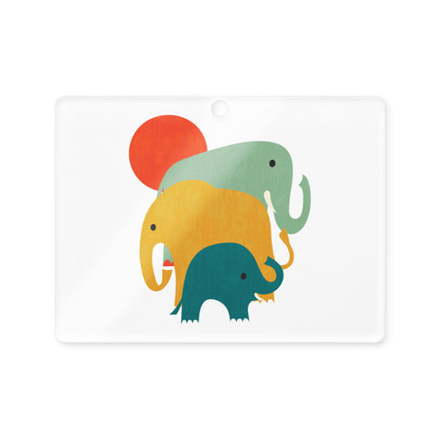 Colourful Elephant Trio rectangular acrylic ornament, green yellow and teal elephants beneath a red sun, red hanging ribbon – view 1