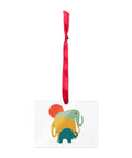Colourful Elephant Trio rectangular acrylic ornament, green yellow and teal elephants beneath a red sun, red hanging ribbon – view 2