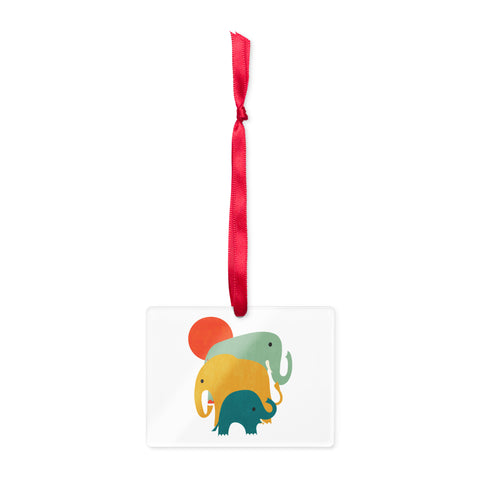 Colourful Elephant Trio rectangular acrylic ornament, green yellow and teal elephants beneath a red sun, red hanging ribbon – view 2