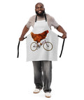 White Chicken on a Bicycle kitchen apron with full brown hen and purple bicycle illustration, black straps – product view 3