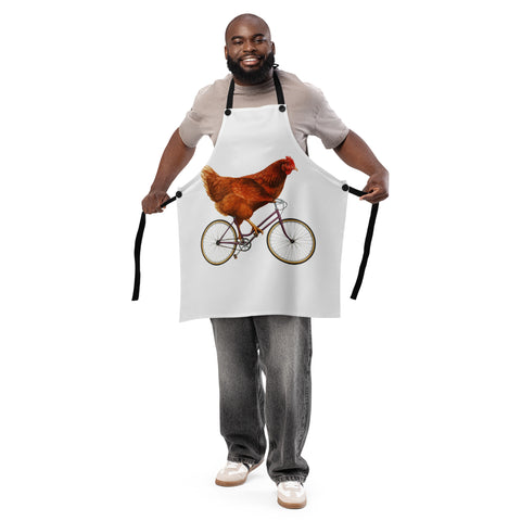 White Chicken on a Bicycle kitchen apron with full brown hen and purple bicycle illustration, black straps – product view 3