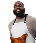 White Chicken on a Bicycle kitchen apron with full brown hen and purple bicycle illustration, black straps – product view 5