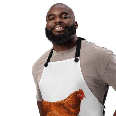White Chicken on a Bicycle kitchen apron with full brown hen and purple bicycle illustration, black straps – product view 5