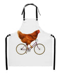 White Chicken on a Bicycle kitchen apron with full brown hen and purple bicycle illustration, black straps – product view 1