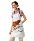 White Chicken on a Bicycle kitchen apron with full brown hen and purple bicycle illustration, black straps – product view 6