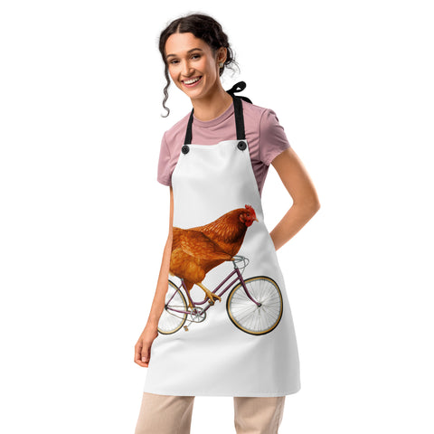 White Chicken on a Bicycle kitchen apron with full brown hen and purple bicycle illustration, black straps – product view 6