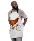 White Chicken on a Bicycle kitchen apron with full brown hen and purple bicycle illustration, black straps – product view 2