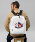 White everyday backpack with original colourful Sunset Cat artwork on the front – ZIPZAPPA