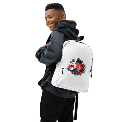 White everyday backpack with original colourful Sunset Cat artwork on the front – ZIPZAPPA