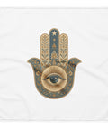 Hamsa Eye large white bandana with blue and gold botanical hand illustration – view 1