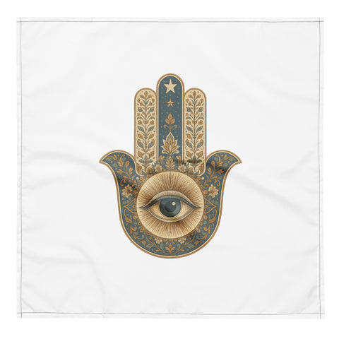Hamsa Eye large white bandana with blue and gold botanical hand illustration – view 1