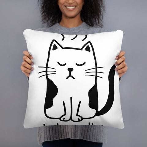 Original What’s for Dinner grumpy cat graphic on the front of an 18-inch white throw pillow – mockup 1 – ZIPZAPPA
