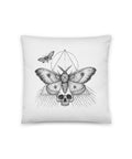 Nocturnal Wings 14 × 14 inch white cotton pillow with monochrome moth, skull and geometric line artwork on front