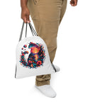 Psychedelic Sunset Cat drawstring backpack with full colourful cat, lake, flowers and planet illustration