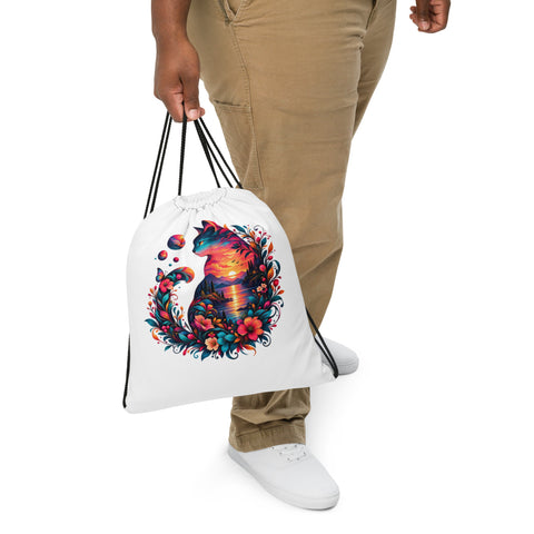 Psychedelic Sunset Cat drawstring backpack with full colourful cat, lake, flowers and planet illustration