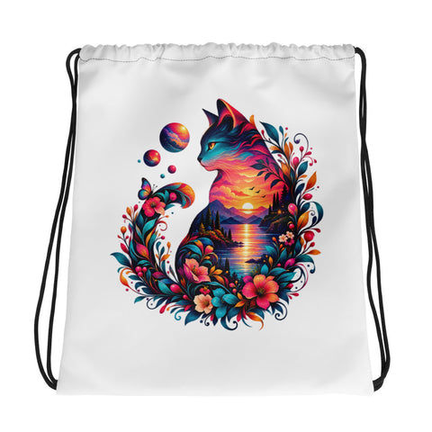 Psychedelic Sunset Cat drawstring backpack with full colourful cat, lake, flowers and planet illustration