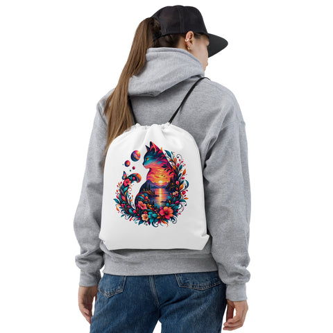 Psychedelic Sunset Cat drawstring backpack with full colourful cat, lake, flowers and planet illustration