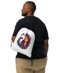Psychedelic Sunset Cat drawstring backpack with full colourful cat, lake, flowers and planet illustration