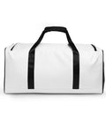 Travel More Worry Less white 50 litre duffle bag with black handles and strap – plain back