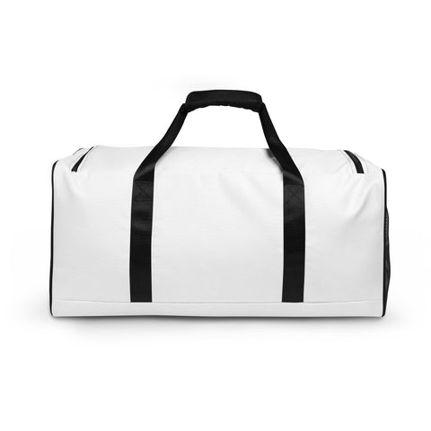 Travel More Worry Less white 50 litre duffle bag with black handles and strap – plain back
