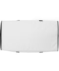 Travel More Worry Less white 50 litre duffle bag with black handles and strap – bottom
