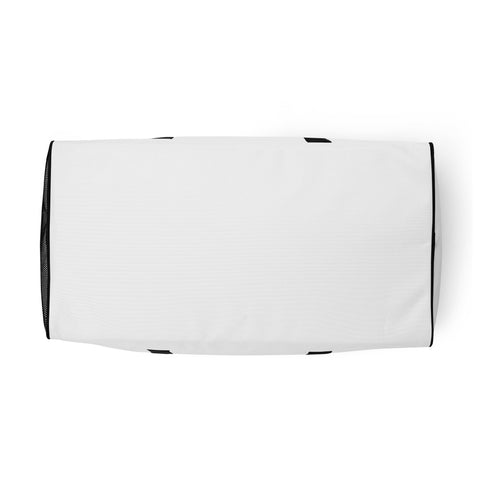 Travel More Worry Less white 50 litre duffle bag with black handles and strap – bottom