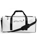 Travel More Worry Less white 50 litre duffle bag with black handles and strap – illustrated front