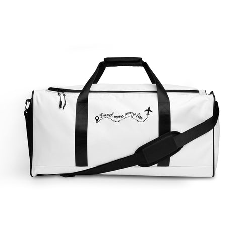 Travel More Worry Less white 50 litre duffle bag with black handles and strap – illustrated front